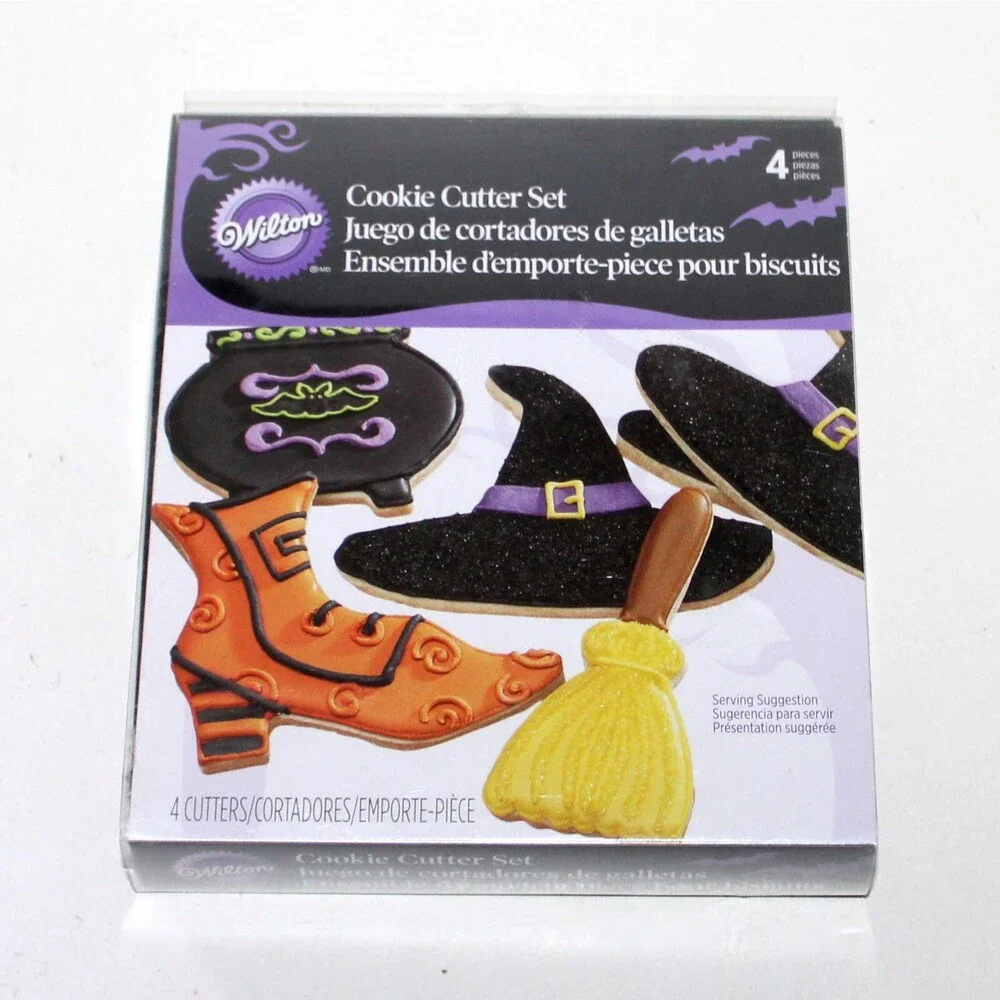 Set 4 Halloween Cookie Cutter metal Wilton Witch Hat Broom Boot Cauldron NEW